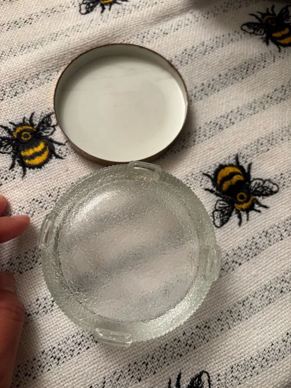 Vintage Glass Powder Jar with Floral Enamel Lid - Pink & Gold Accent